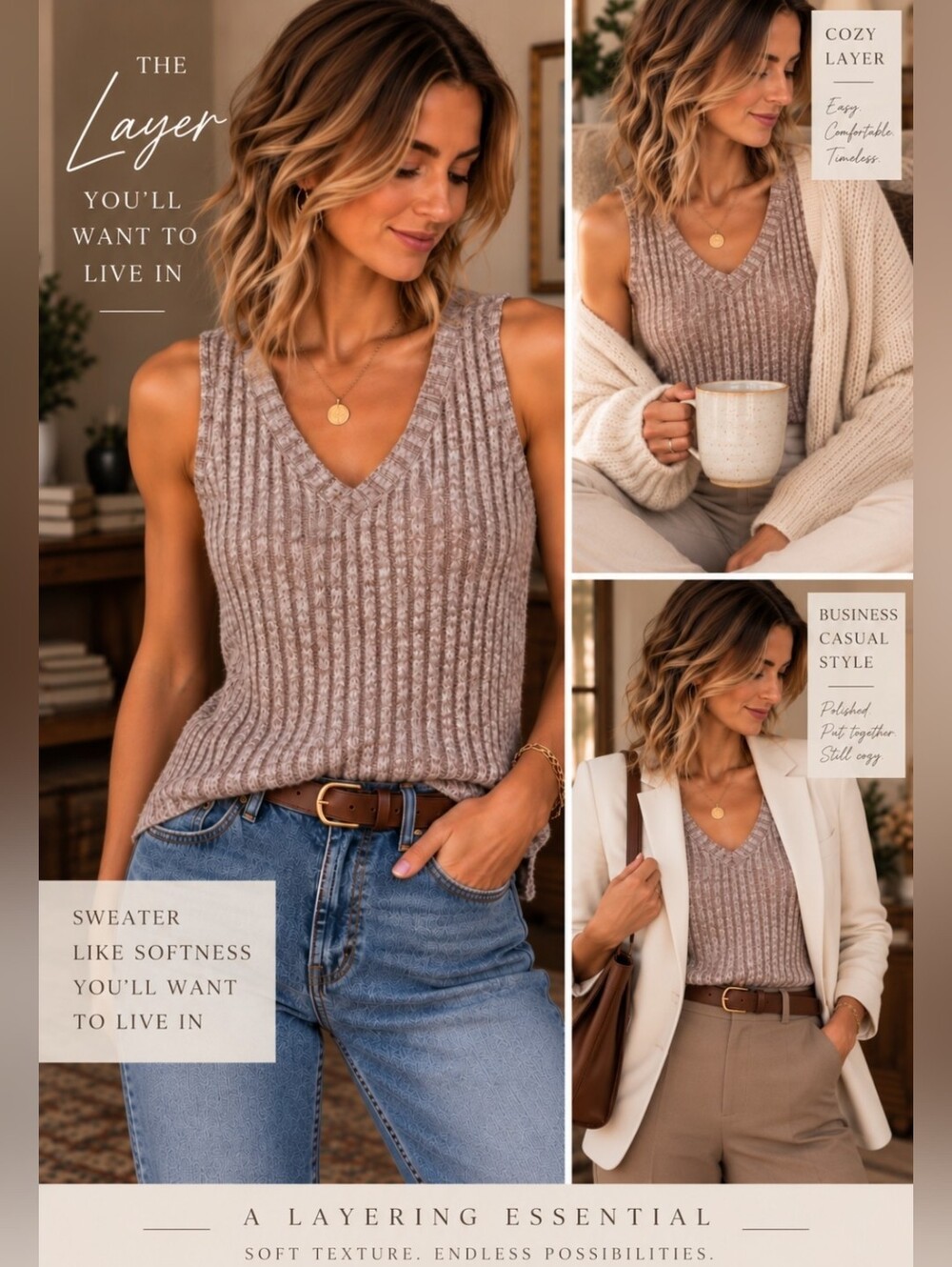 Taupe Plum Brown Ribbed V-Neck Knit Tank Layering Essential Sweater Layer Medium